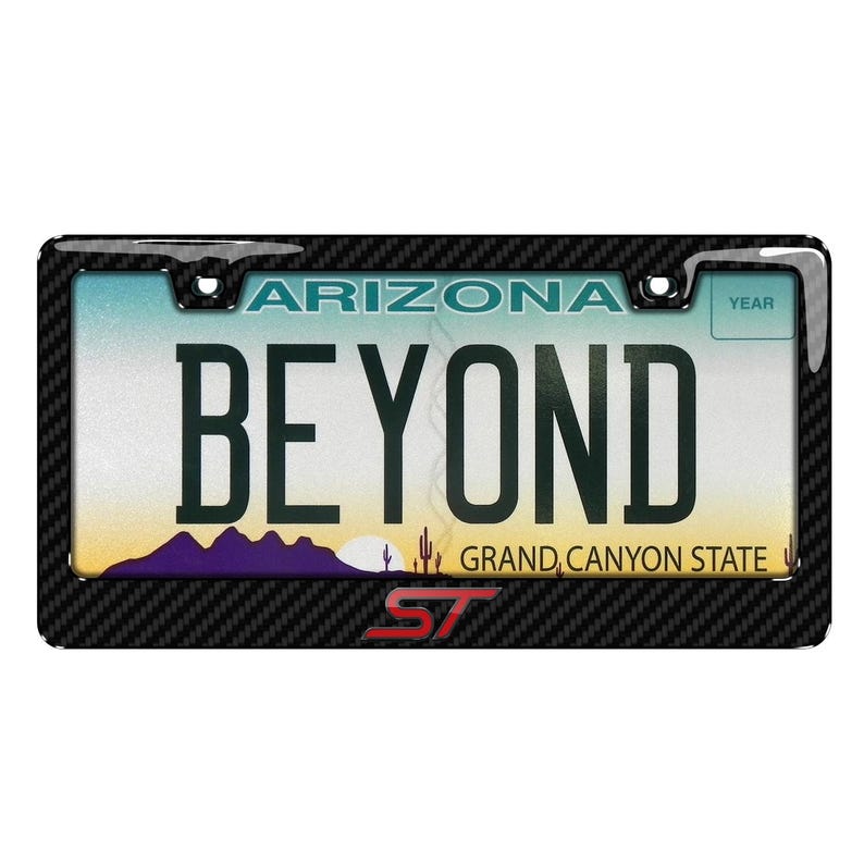 iPick Image para Ford Focus ST 3D en gris oscuro sobre marco de matrícula de plástico ABS con fibra de carbono real, con licencia oficial. imagen 2