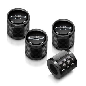 Chevrolet Black Logo in Black on Real Carbon Fiber Barrel Black Aluminum Tire Valve Stem Caps, Licensed!