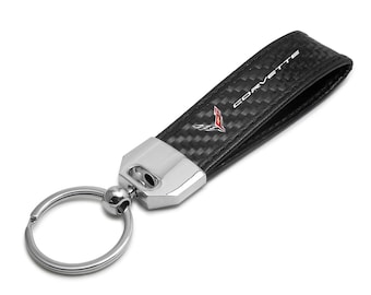 iPick Image for Chevrolet Corvette C8 Real Carbon Fiber Strap with Black Leather Stitching Edge Key Chain, Official Licensed