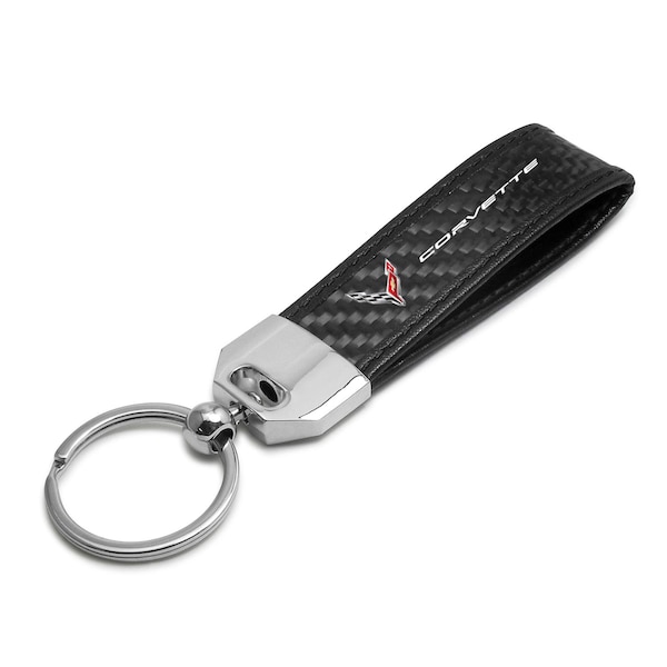 iPick Image for Chevrolet Corvette C8 Real Carbon Fiber Strap with Black Leather Stitching Edge Key Chain, Official Licensed
