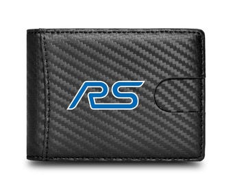 iPick Image for Ford Focus RS Black Slim Real Leather Carbon Fiber Patterns RFID Blocking Bi-fold Wallet, Official Licensed