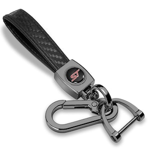 iPick Image for Ford ST Logo in Black on Real Carbon Fiber Loop-Strap Dark Gunmetal Hook Key Chain, Official Licensed