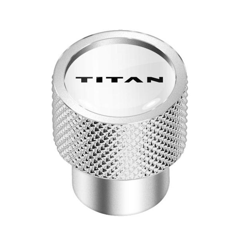 iPick Image for Nissan Titan Logo in White on Shining Silver Easy-Grip Premium Aluminum Tire Valve Stem Caps, Official Licensed image 1