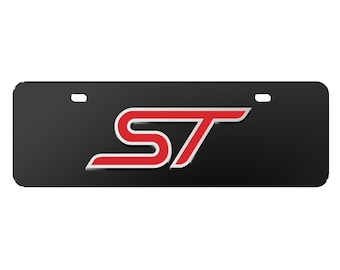 Placa de matrícula de acero inoxidable negra de tamaño medio con logotipo 3D de iPick Image para Ford Focus ST, 12" x 4.25", estilo europeo, con licencia oficial.