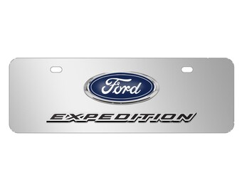 Placa de matrícula de acero inoxidable cromada de tamaño medio con diseño europeo de 12" x 4.25" de iPick Image para Ford Expediti3D Logo, con licencia oficial.