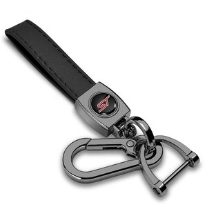 iPick Image for Ford ST Logo in Black on Black Leather Loop-Strap Dark Gunmetal Hook Key Chain, Official Licensed
