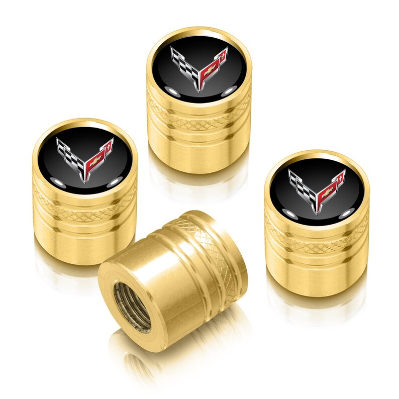 Tapas de válvula de neumático de aluminio anodizado premium estilo cilindro, con logotipo de Chevrolet Corvette C8 en negro sobre dorado: juego de 4, ¡con licencia! imagen 1