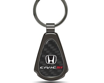 iPick Image for Honda Civic Si Real Black Carbon Fiber Gunmetal Black Metal Teardrop Key Chain, Official Licensed