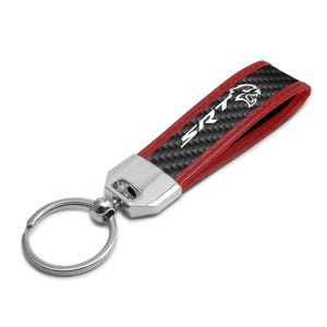 iPick Image for Dodge SRT Hellcat Real Carbon Fiber Strap with Red Leather Stitching Edge Key Chain, Official Licensed