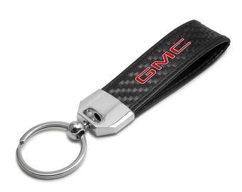 iPick Image for GMC in Red Real Carbon Fiber Strap with Black Leather Stitching Edge Key Chain, Official Licensed