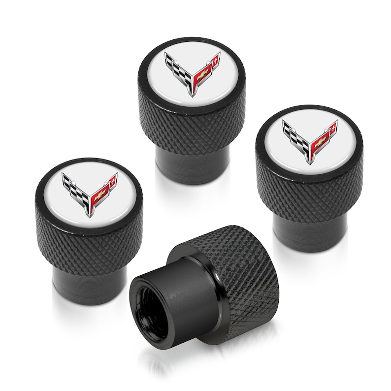 iPick Image para Chevrolet Corvette C8 Logo en blanco sobre negro, tapas de válvula de neumático de aluminio premium Easy-Grip, con licencia oficial. imagen 1