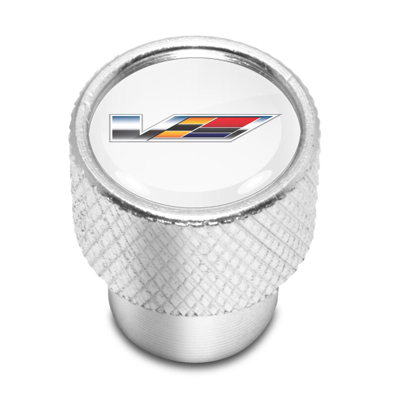 iPick Image for Cadillac V Logo in White on Shining Silver Easy-Grip Premium Aluminum Tire Valve Stem Caps, Official Licensed image 2