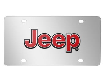 Imagen iPick para placa de matrícula de acero inoxidable cromado con logotipo 3D rojo de Jeep, con licencia oficial