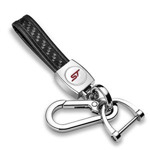 iPick Image for Ford Focus ST in White Real Black Carbon Fiber Loop-Strap Chrome Hook Key Chain, Official Licensed