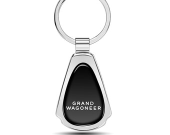 Imagen de iPick para llavero de metal cromado con forma de lágrima y cúpula negra para Jeep Grand Wagoneer, con licencia oficial