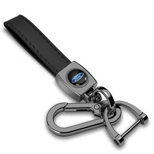 iPick Image for Ford Logo in Black on Black Leather Loop-Strap Dark Gunmetal Hook Key Chain, Official Licensed