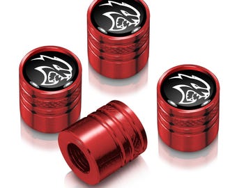 Dodge SRT Hellcat in Black on Red Cylinder-Style Premium Anodized Aluminum Tire Valve Stem Caps - Set of 4, Licensed!