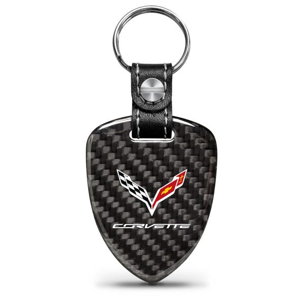 iPick Image for Chevrolet Corvette C7 Real Black Carbon Fiber Large Shield-Style Key Chain, Official Licensed