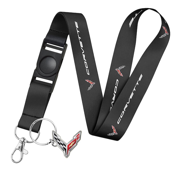 Chevrolet Corvette C8 Logo Die-Cut Metal Key Chain Key-Charm with Black Lanyard Strap, Exclsive Official Licensed Product, Licensed!