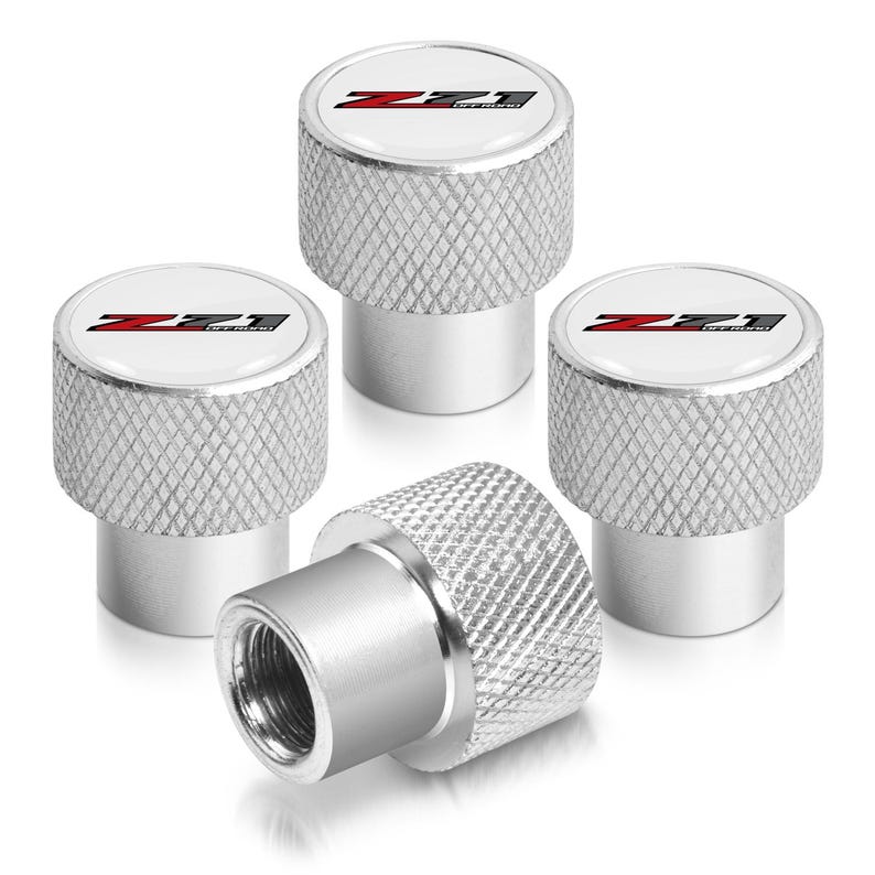 iPick Image for Chevrolet Z71 Logo in White on Shining Silver Easy-Grip Premium Aluminum Tire Valve Stem Caps, Official Licensed image 1