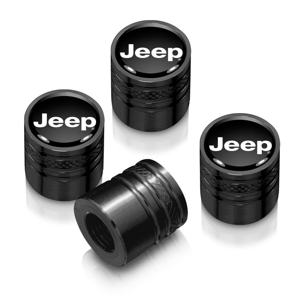 iPick Image made for Jeep in Black on Black Cylinder-Style Premium Anodized Aluminum Tire Valve Stem Caps - Set of 4, Official Licensed