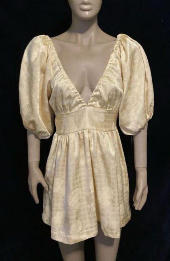 cream brocade dress 1950s 1960s Vintage Winkelman's Cream Silky Brocade Cocktail Dress With Belt - Sm to Md