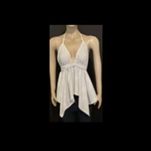 May include: A white halter top featuring a deep V-neckline, a gathered centre detail at the bust, and an asymmetrical hemline that falls to points. The garment is sleeveless with thin straps that tie behind the neck, creating a draped silhouette.
