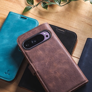Funda tipo cartera para Google Pixel 9, 9 Pro, 9 Pro XL y 9a - Funda hecha a mano con piel auténtica de primera calidad - Personalización gratuita