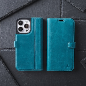 Funda tipo cartera de cuero vintage genuina personalizada para iPhone 15 Series - Hecha a mano y personalizada a mano - PERSONALIZACIÓN GRATUITA