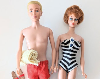 Vintage 1960's Barbie Titan Bubble Cut Zebra Swim and Ken 0750 Blonde Flocked, Japan