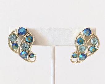 Vintage Gold Tone Clip On Earrings with Iridescent Blue Rhinestones