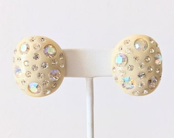 Vintage Mod Clip On Earrings with Iridescent Rhinestones
