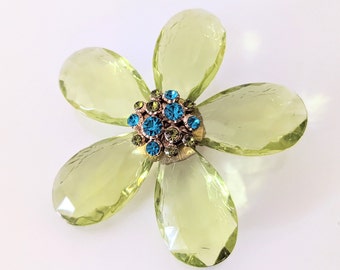 Vintage Green Lucite Flower Statement Brooch with Rhinestones