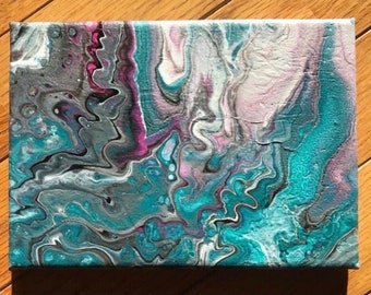 Blue Silver Pink White Black Abstract Wall Decor - Acrylic Pour Painting on 5x7" Stretched Canvas - Horizontal Unframed Original Artwork