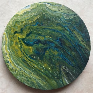 8 Inch Wide Circular Acrylic Pour Painting On Stretched Canvas - Serene Green & Blue Abstract Fluid Art - Relaxing Water Wave Design