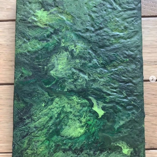 Acrylic Fluid Art on 4x6 Inch Canvas - Abstract Green Moss Garden - Small Spaces Original Wall Art - Calm Vertical Nature Painting