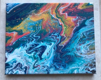 8x10 Acrylic Pour Painting on Horizontal Canvas - Colorful Blue Red Yellow White Abstract Foamy Waves Wall Artwork - Bright Primary Colors