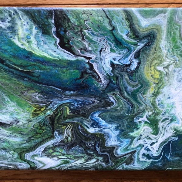 Original 8x10 Inch Acrylic Pour Painting on Horizontal Canvas -  Abstract Butterfly Wing Design - Green Blue Yellow White Black Fluid Art
