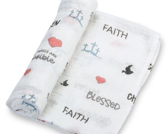 LollyBanks Christian-themed 100% Cotton Muslin Swaddle Baby Blanket - 47 x 47 inches with 'All Things Possible' Prints