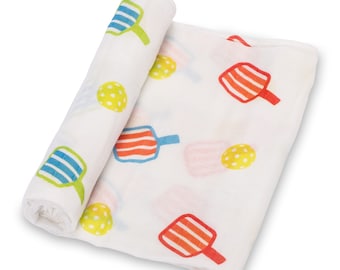 LollyBanks Muslin Swaddle Blanket – 100% Cotton Baby Wrap 47”x47”, Soft Newborn Receiving Blanket, Nursery Essential (Pickleball Print)