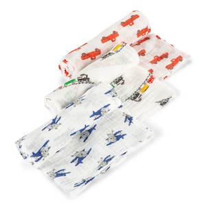 LollyBanks Muslin Swaddle Blanket for Baby Boy Trucks, Airplanes, and Trains 100% Cotton Infants Large 47 x 47 inches