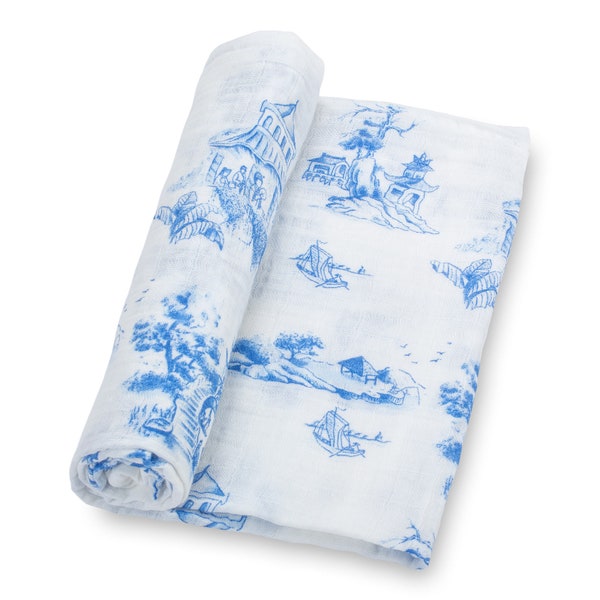 LollyBanks Blue Chinoiserie Prints Muslin Swaddle Blanket - 100% Cotton, 47"x47" - Elegant Baby Wrap with Asian-inspired Design