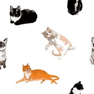 May include: A repeating pattern of various cat breeds in different poses. The cats are depicted in a watercolor style, with a white background. The cats include black and white, orange tabby, and Siamese breeds.