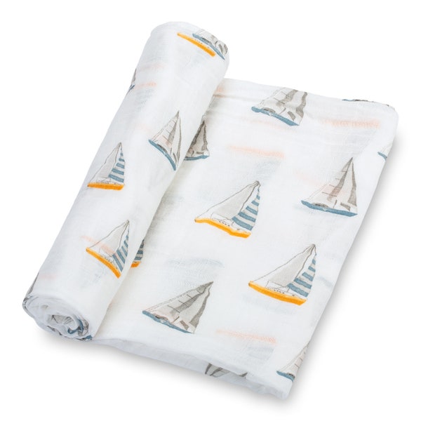 LollyBanks 100% Cotton Muslin Swaddle Baby Blanket - Ocean Theme SailBoat Prints, 47 x 47 inches