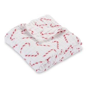 LollyBanks Muslin Baby Quilt, 6 Layer Cotton Baby Blanket 47&quot;x47&quot;, Lightweight Crib Blanket, Nursery Bedding (Candy Cane Print)