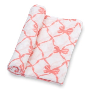 LollyBanks Muslin Swaddle Blanket – 100% Cotton Baby Wrap 47”x47”, Soft Newborn Receiving Blanket, Nursery Essential (Pink Bow Print)