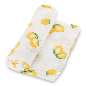 LollyBanks Muslin Swaddle Blanket – 100% Cotton Baby Wrap 47”x47”, Soft Newborn Receiving Blanket, Nursery Essential (Cute Lemon Print)