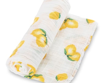 LollyBanks Couverture pour bébé en mousseline 100 % coton, imprimés citrons mignons, grand format 47 x 47 pouces