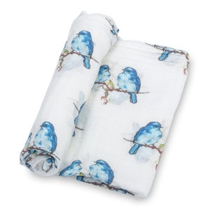Blaue Vögel Musselin Swaddle-Decke - 100% Baumwolle, 120 x 120 cm - Kuscheliger und kuscheliger Musseline für Deinen kleinen Piepmatz