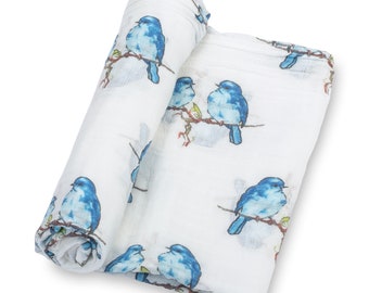 Couverture à emmailloter en mousseline Blue Birds - 100 % coton, 120 x 120 cm - Châle douillet pour votre petit oiseau